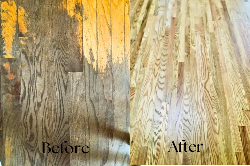 Before and after a full sand and refinish on a worn hardwood floor