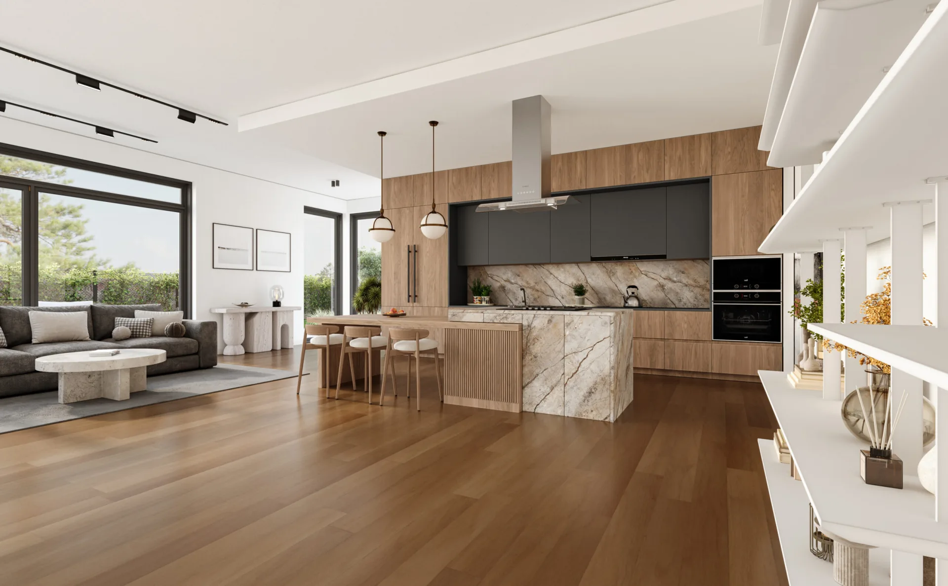 Open kitchen-living room with hardwood floors &amp; windows