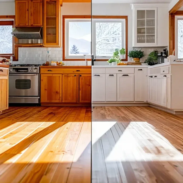Colorado kitchen remodeling before after comparison showing warm wood floors with honey oak cabinets versus light wood flooring with white cabinets Denver transformation