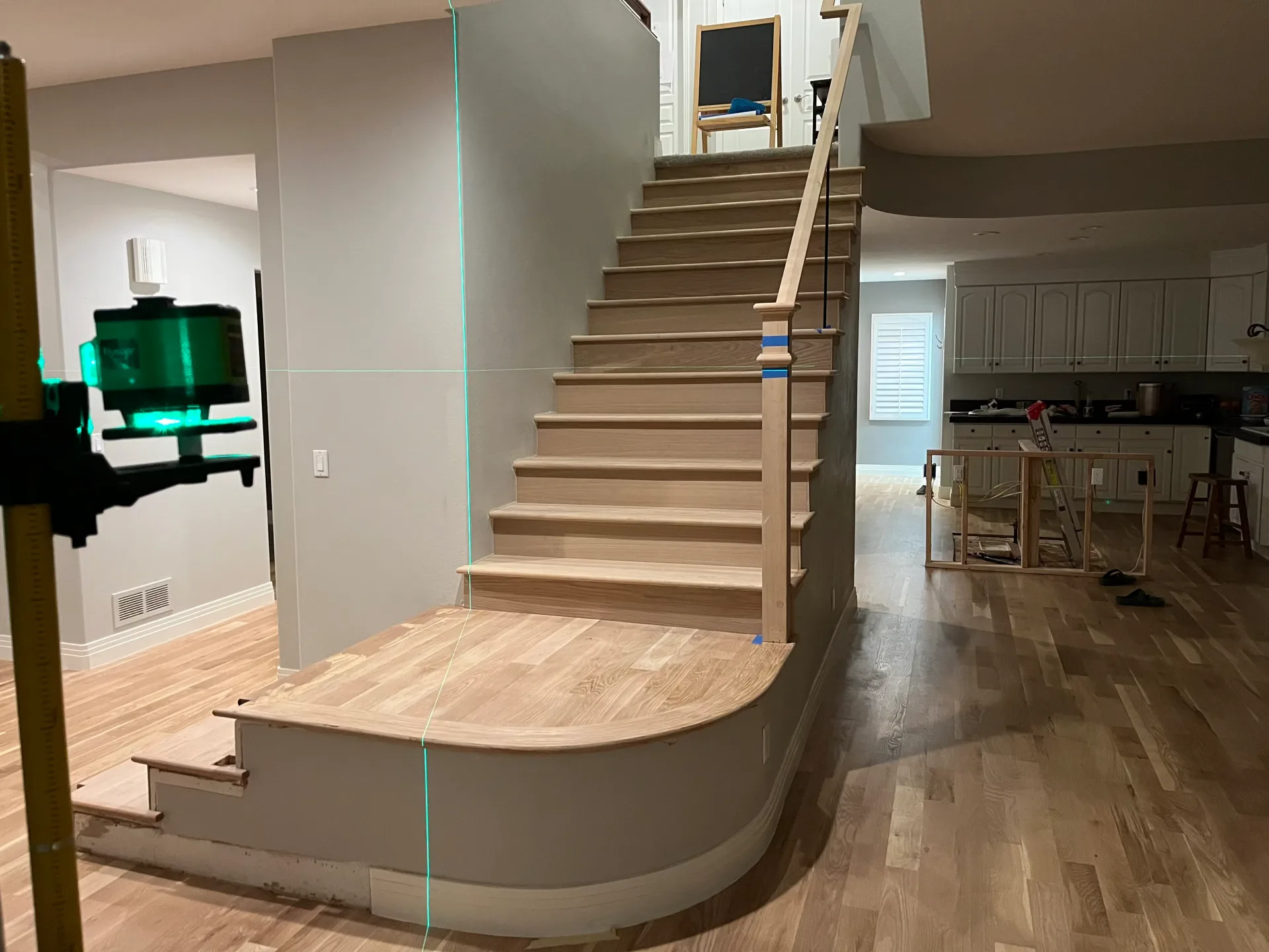 Curved staircase under construction with its treads in place