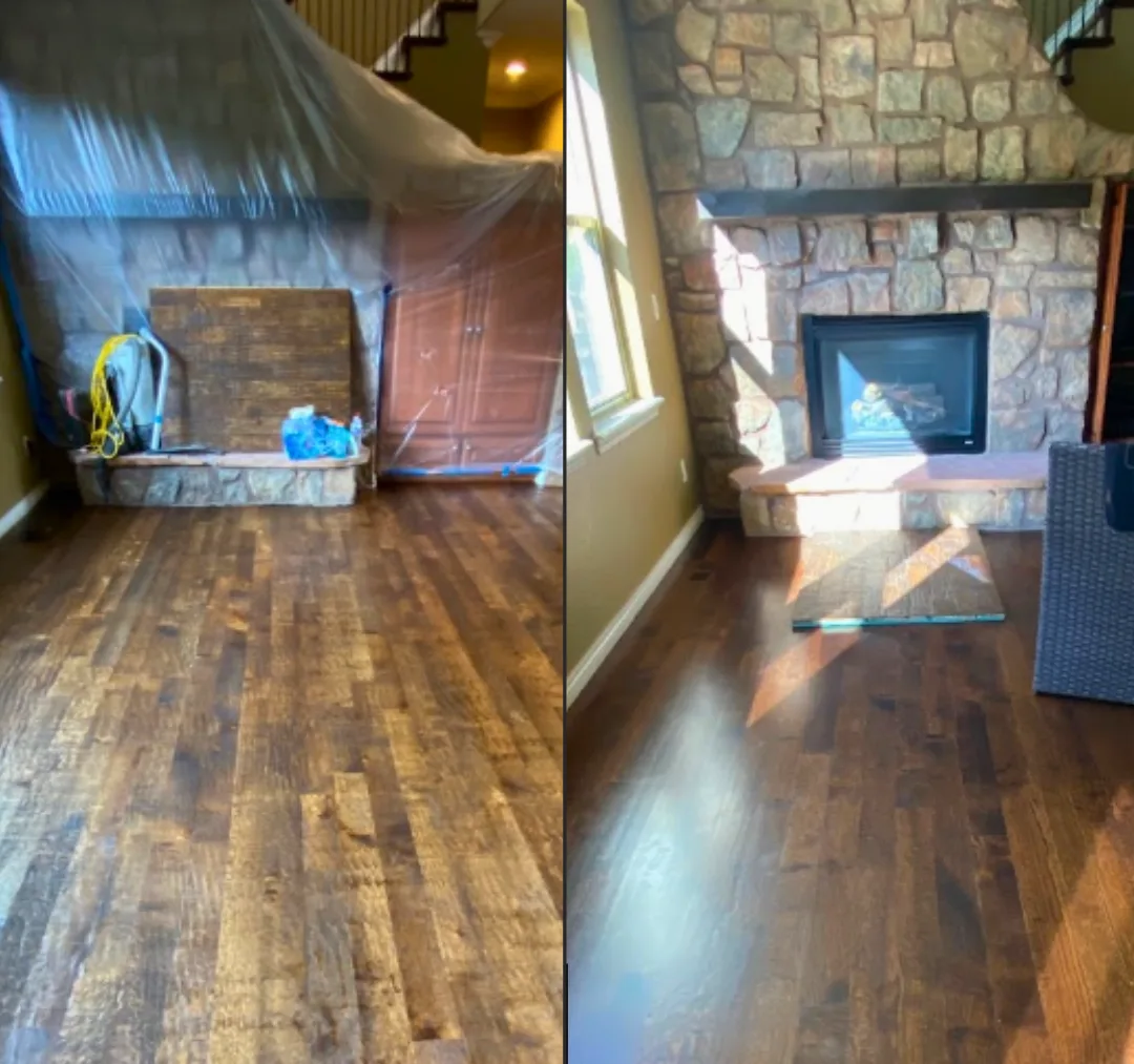 Before and after a hardwood floor repair beside a fireplace