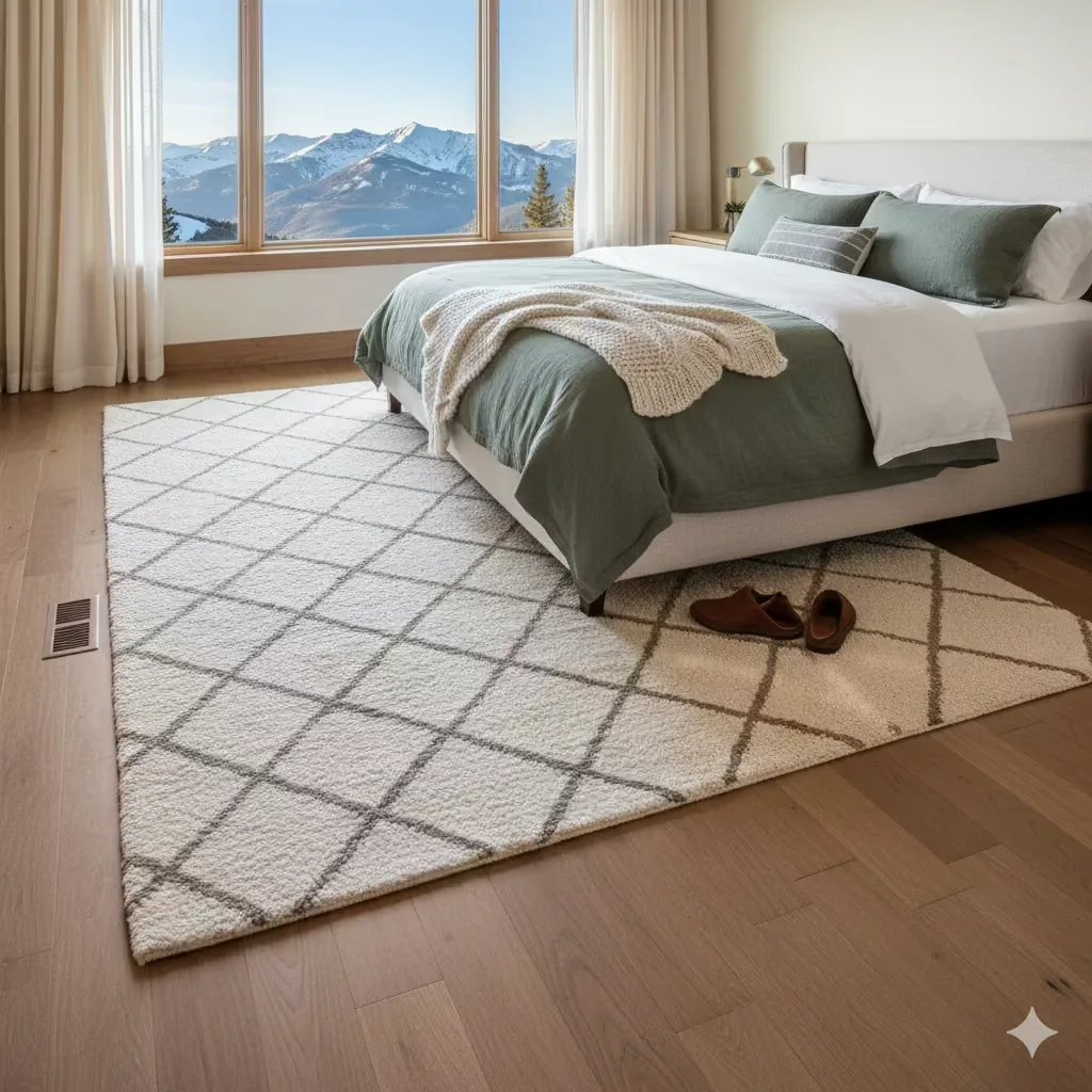 Luxury Cherry Hills Village bedroom featuring hardwood floors with plush area rug for warmth during Colorado winters, showing hybrid flooring solution