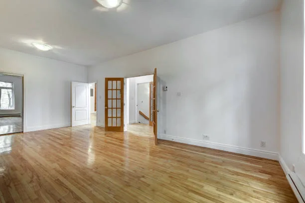 Freshly repaired hardwood floor in an empty room with natural lighting