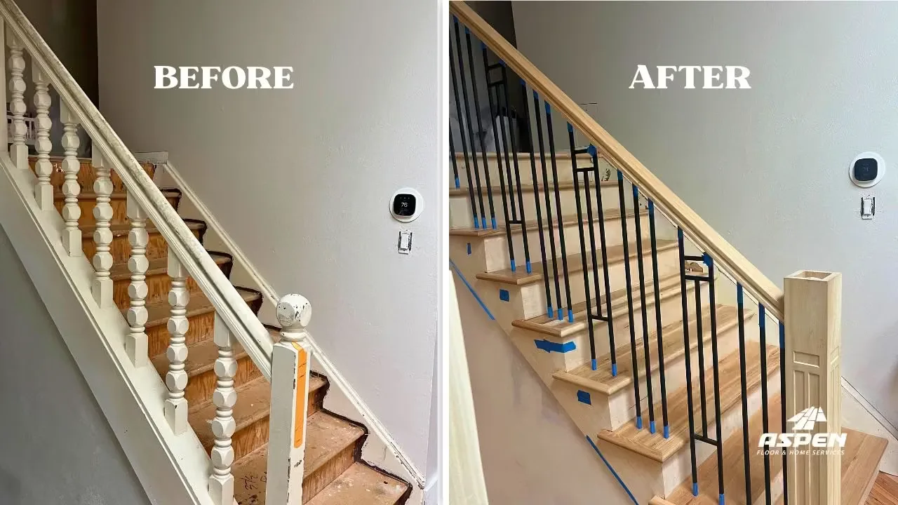 Custom wood staircase with iron balusters in Denver