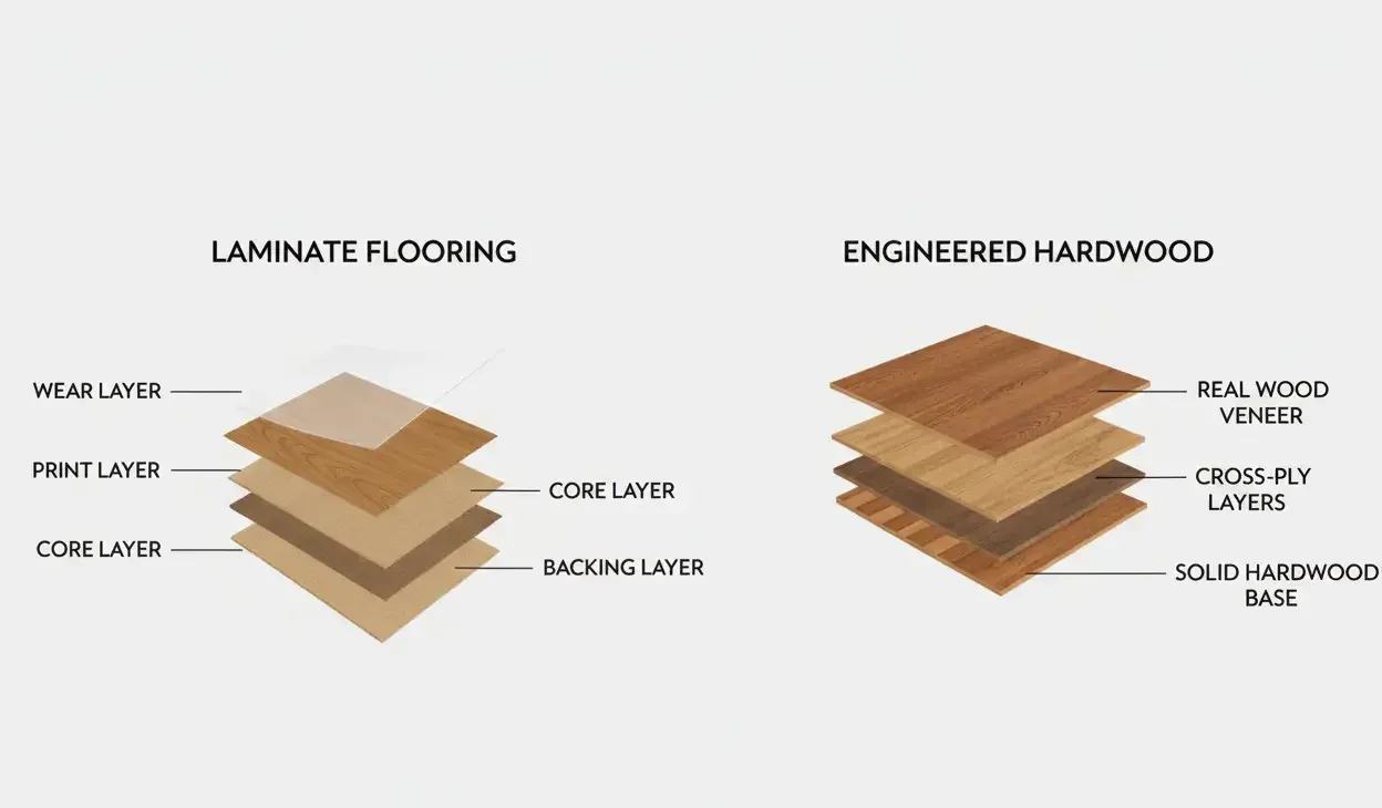 Laminate vs engineered wood flooring cross-section comparison Denver - showing layers and construction differences