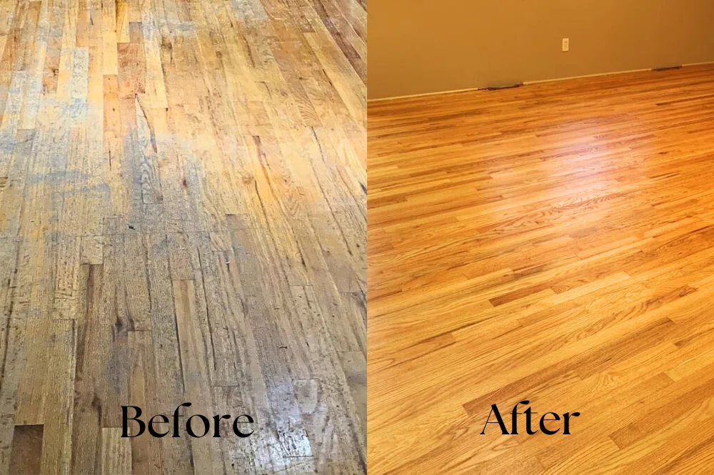 Before and after comparison of a refinished hardwood floor