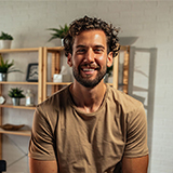 Smiling man in casual attire, sitting in a modern interior with wooden shelves and plants, representing customer satisfaction with Aspen Floor & Home Services' hardwood floor refinishing in Fort Collins, CO.