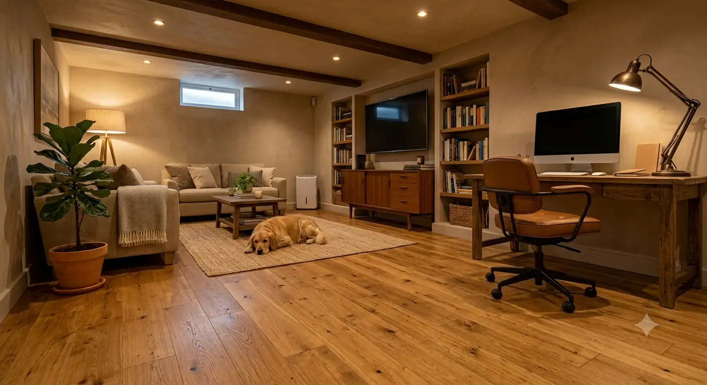 Engineered hardwood flooring in a finished Denver basement family room with warm lighting and a dehumidifier, showing a moisture stable option for below grade spaces