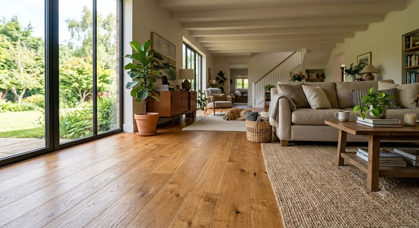 Light natural oak wide plank flooring with visible grain and knots in a bright open living room, the most resale friendly wood floor color trend for Denver homes