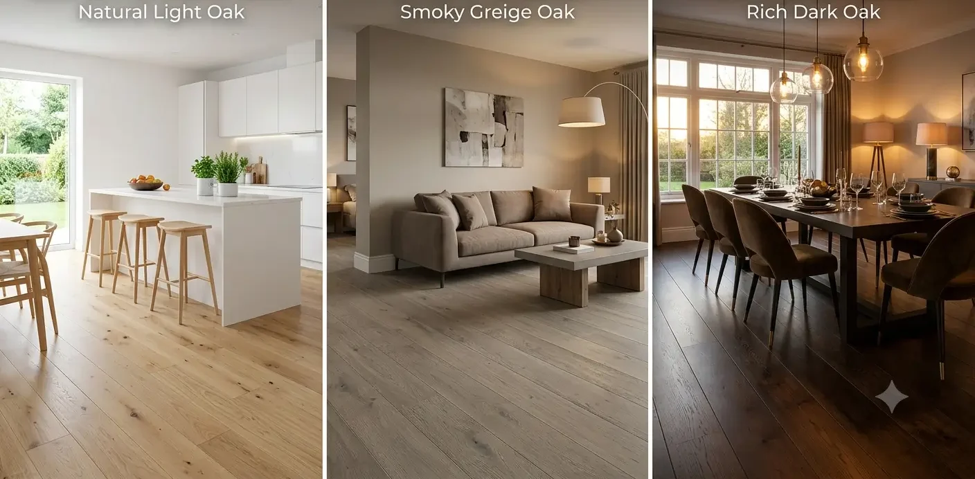 Side by side comparison of natural light oak, smoky greige, and rich dark oak flooring colors in a kitchen, living room, and dining room, showing the 2026 wood floor color trends for Denver homes