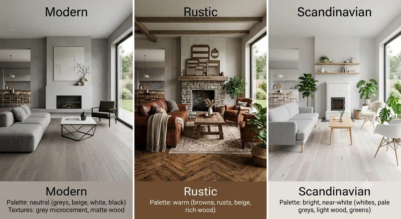 Side by side comparison of modern, rustic, and Scandinavian wood flooring styles showing matte wide plank, dark herringbone, and whitewashed oak options for Denver homes
