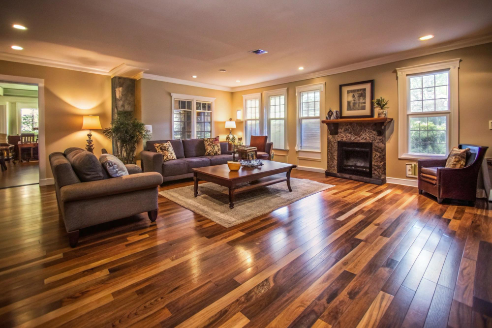 Stylish living room showcasing beautifully sanded and polished hardwood floors