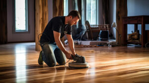 Worker applying finish during hardwood floor resurfacing process