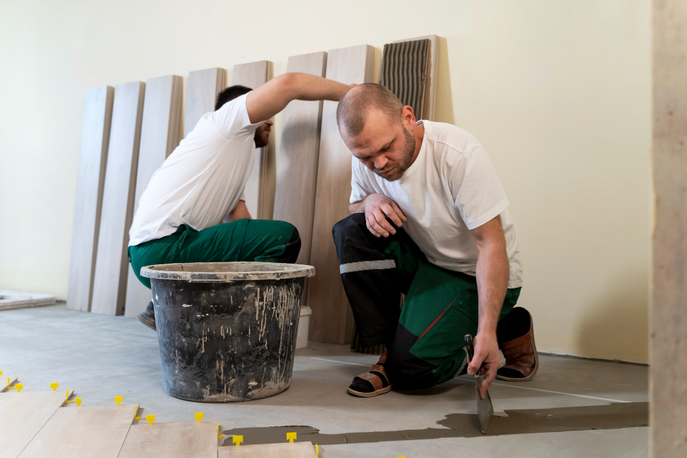 Floor sanding contractors preparing a surface for new flooring installation