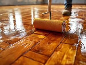 Applying finish to hardwood floor during refinishing process