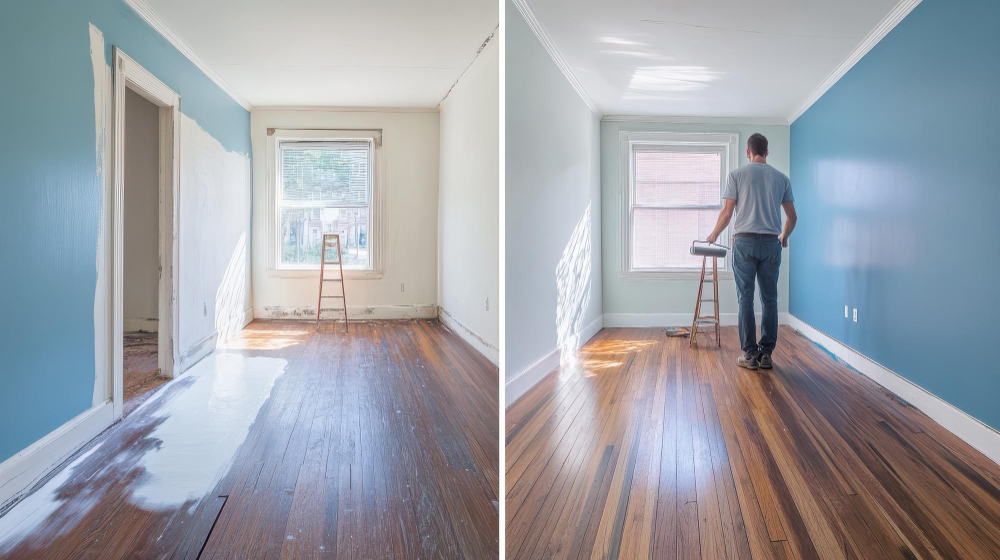 Before-and-after photos showcasing a floor sanding contractor's work