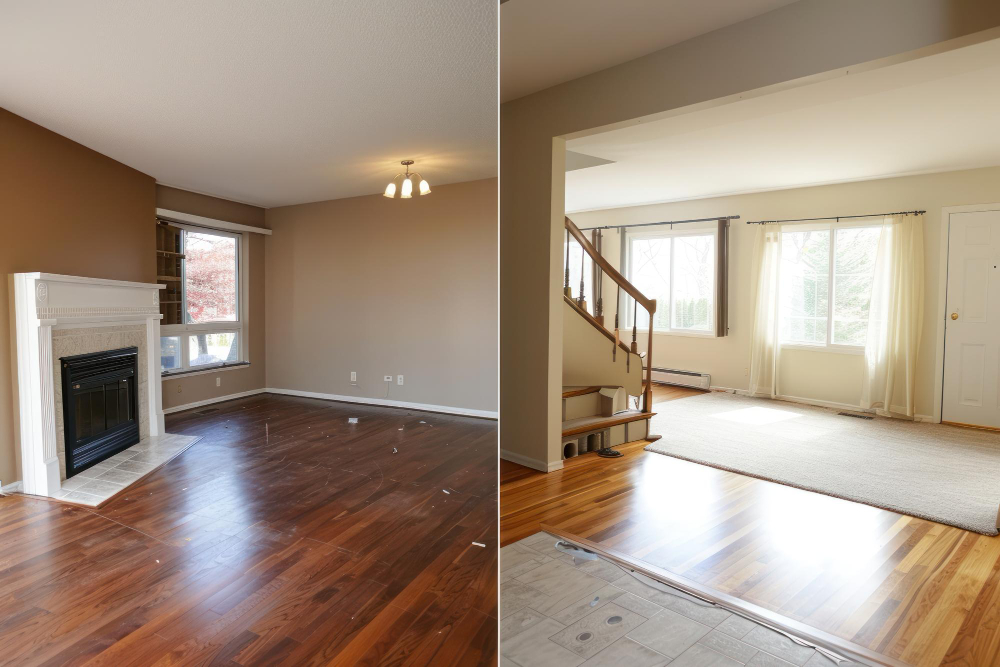 Before-and-after photos showcasing resurfaced hardwood floors.