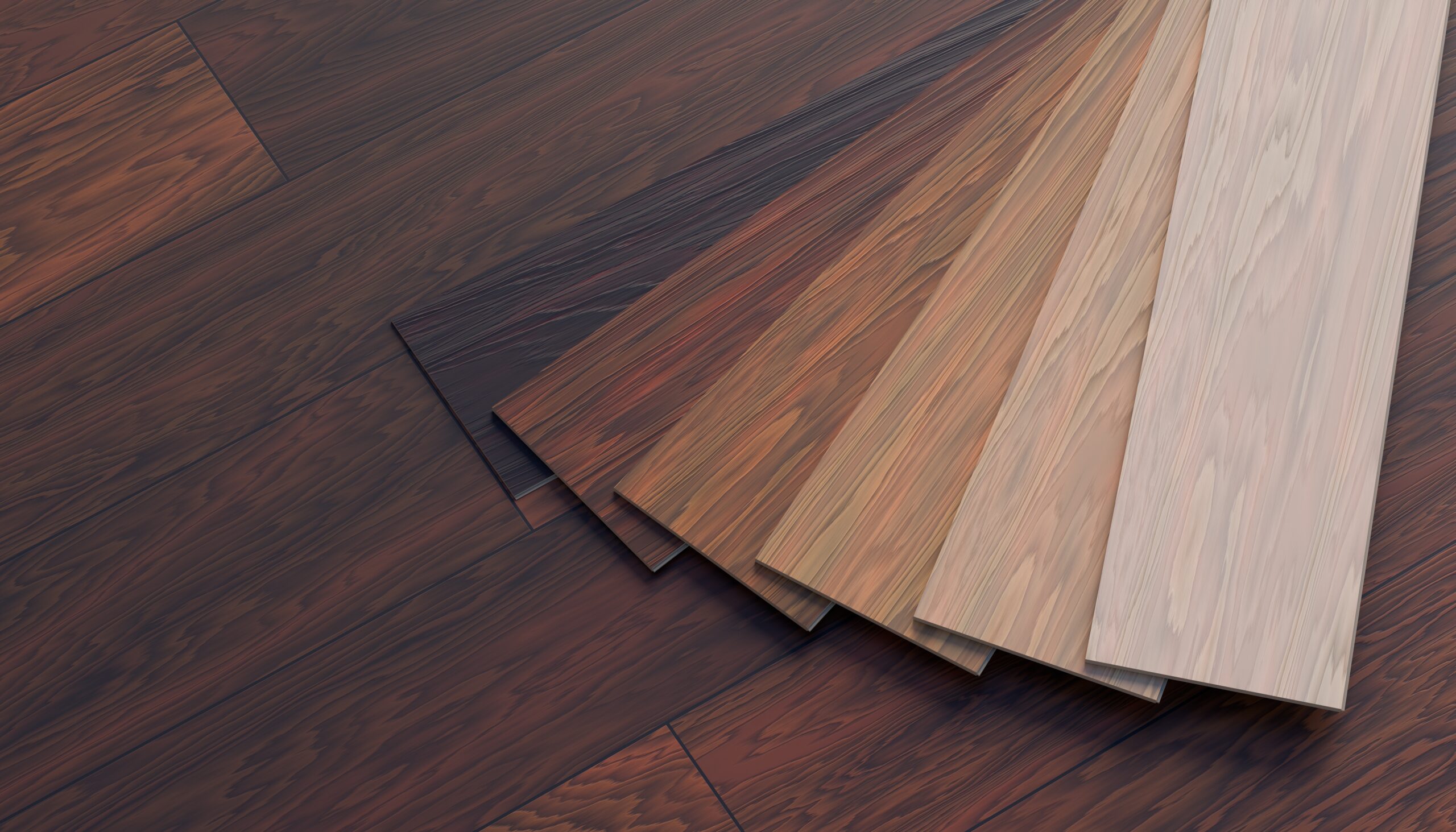 Various hardwood flooring samples displaying different colors, and finishes