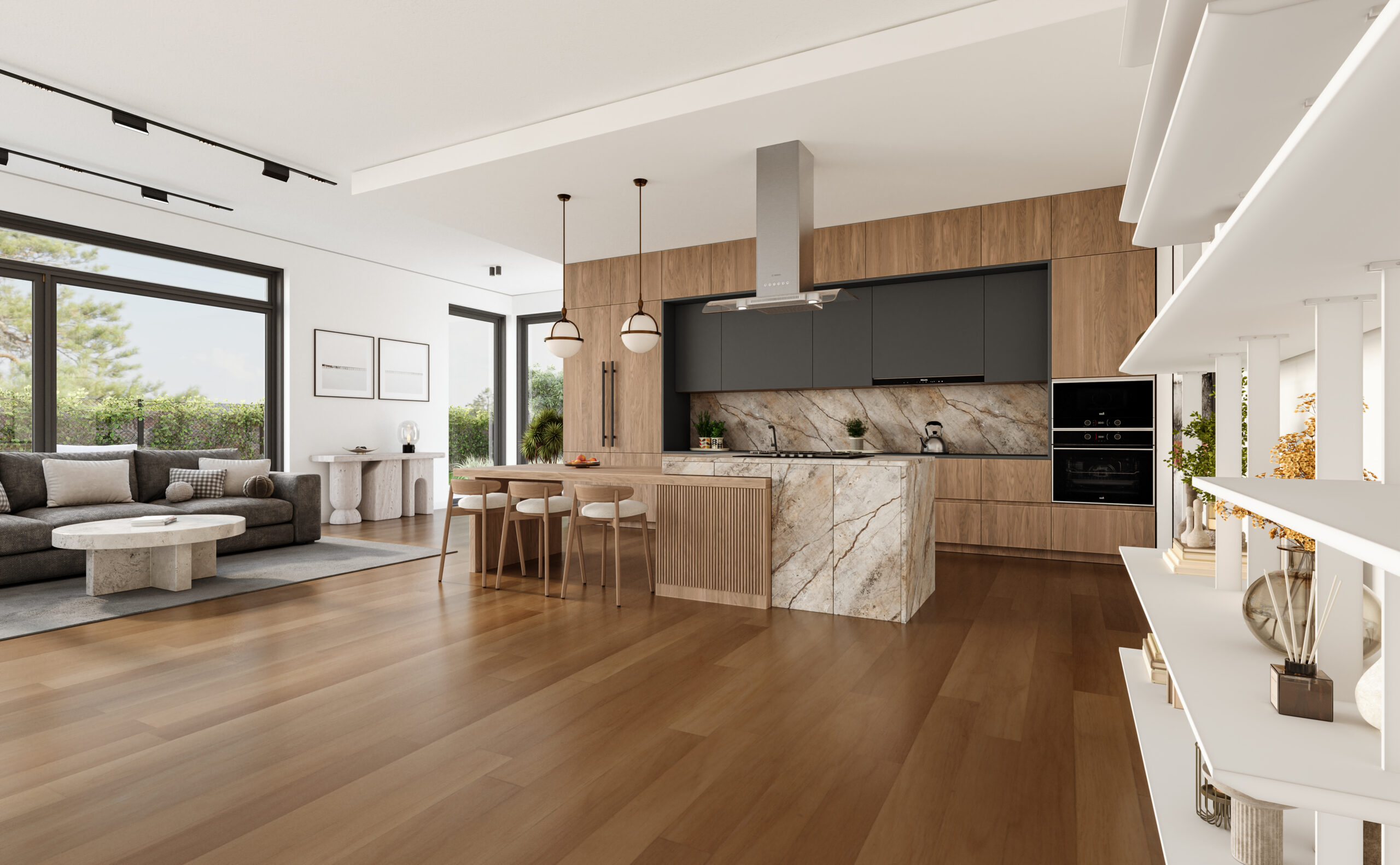 Open kitchen-living room with hardwood floors & windows