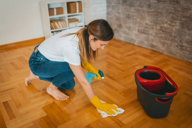 Homeowner maintaining newly refinished hardwood floors with careful cleaning