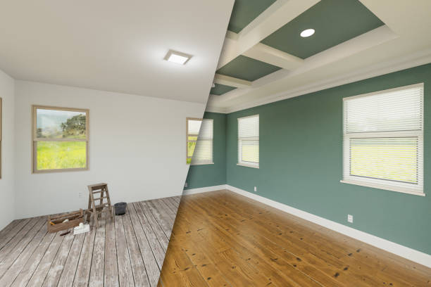 Before and after view showcasing stunningly refinished hardwood flooring