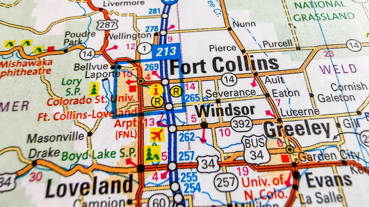 Map highlighting Fort Collins, Colorado, with nearby cities and landmarks, relevant to Aspen Floor & Home Services' hardwood floor refinishing offerings.