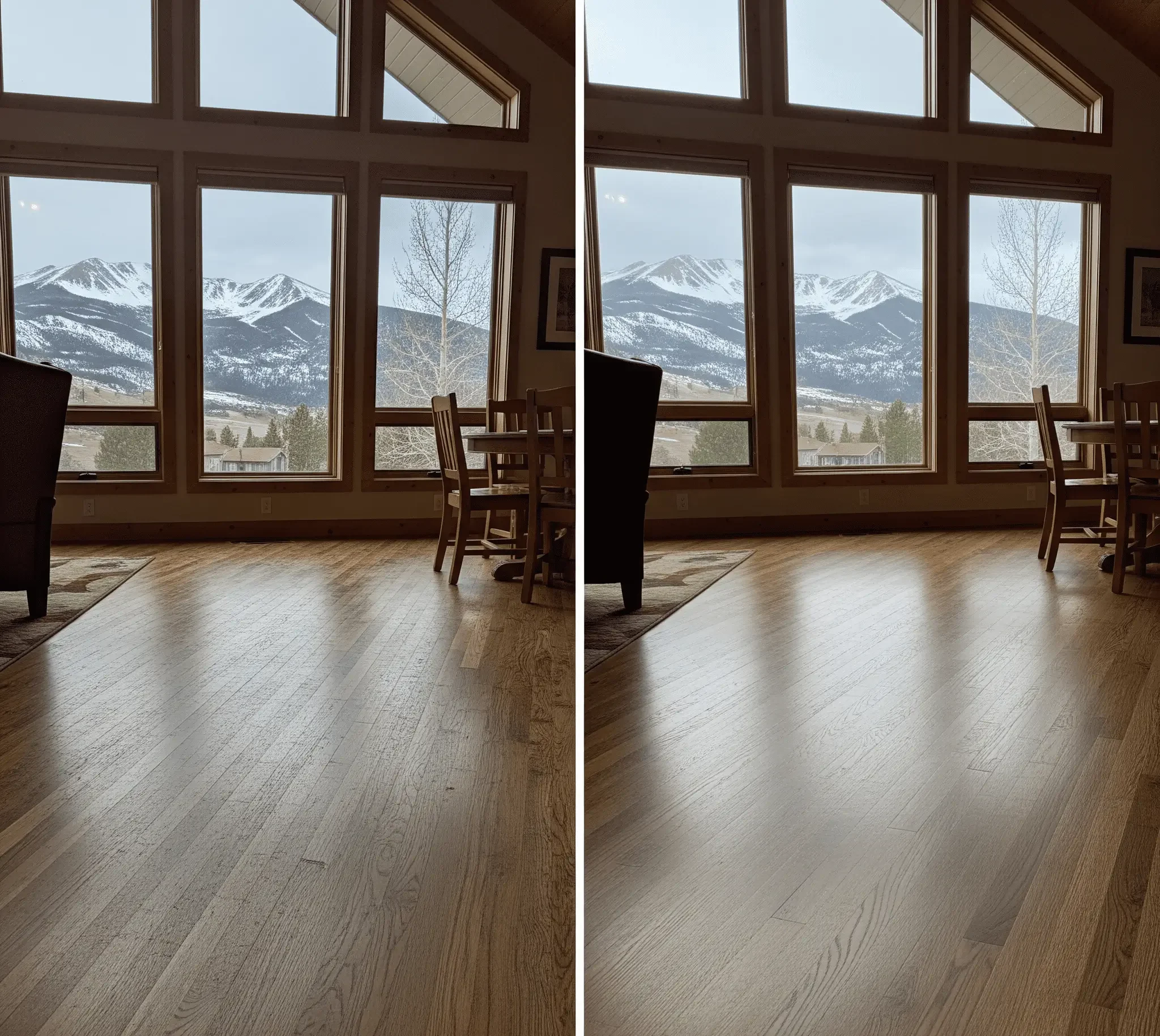 Before and after comparison of oak hardwood floor refinishing, showing the improved finish and appearance, with Colorado's snowy mountains visible through the windows.