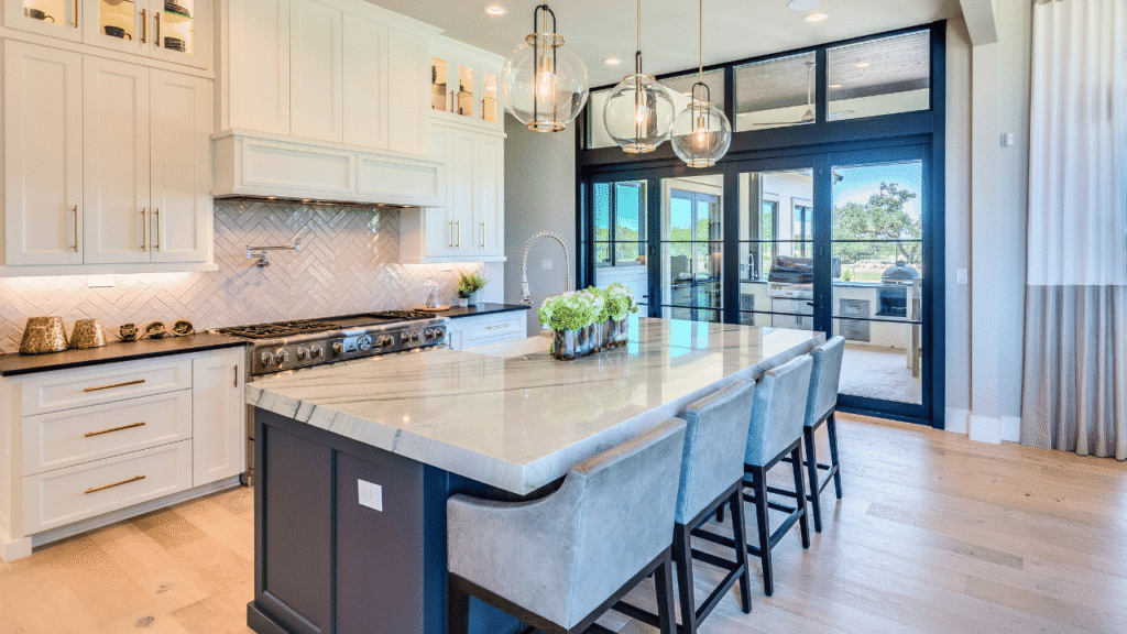 Luxury kitchen renovation with engineered hardwood flooring by Aspen Floor & Home Services
