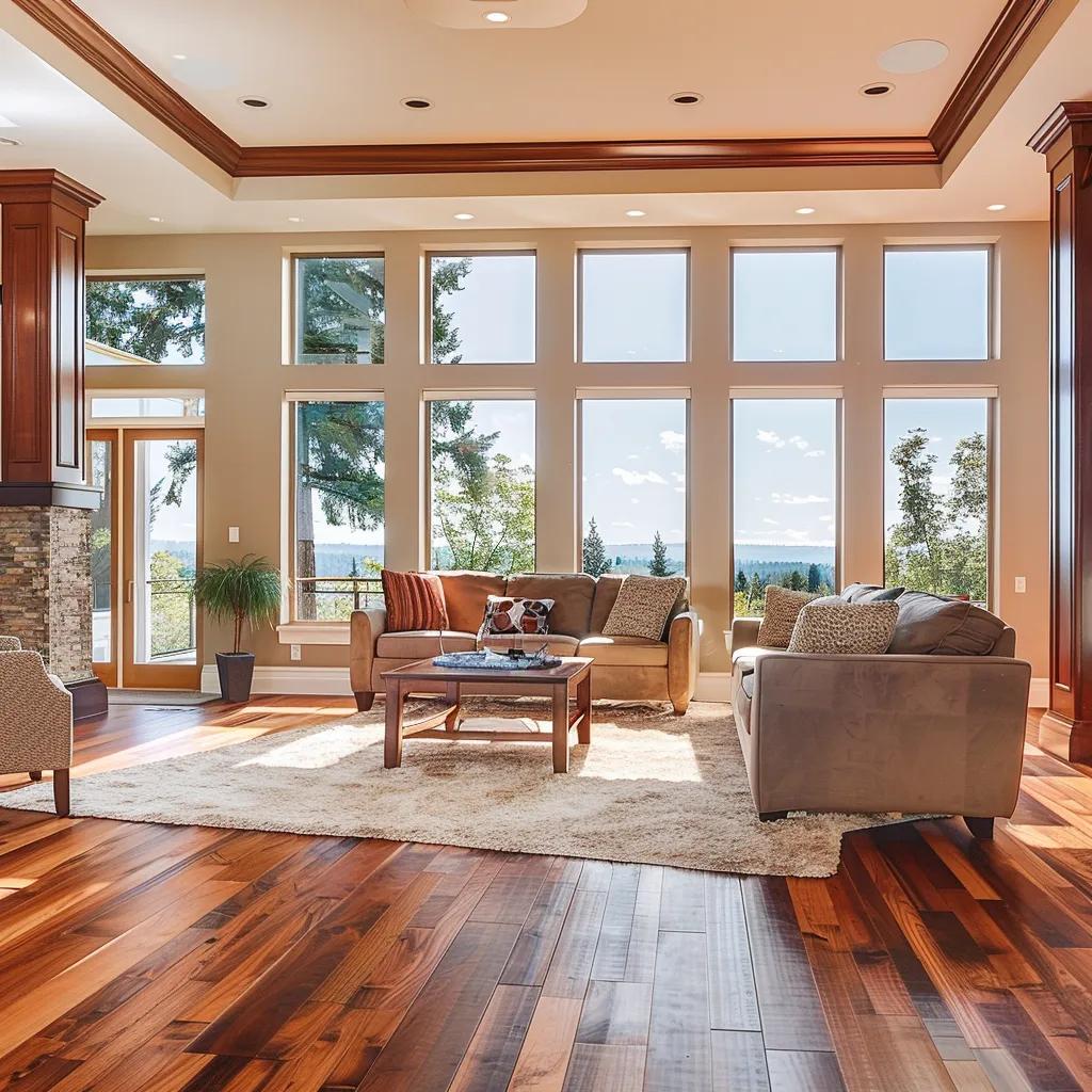 Stylish living room with hardwood flooring, emphasizing warmth and elegance