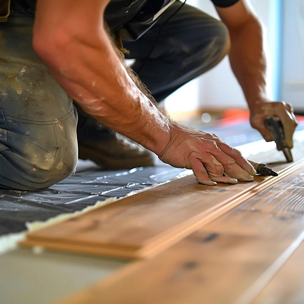 Professional installer preparing hardwood flooring in a Denver home