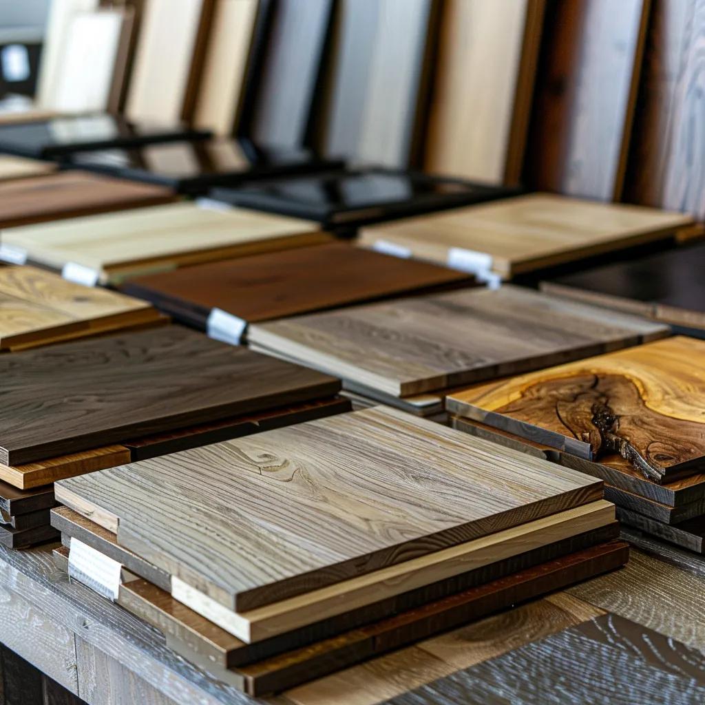 Variety of hardwood flooring samples highlighting different species and finishes