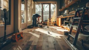 a modern denver interior showcases a skilled technician expertly installing sleek hardwood flooring, surrounded by an array of professional tools and warm, inviting lighting that emphasizes the craftsmanship and precision of the service.