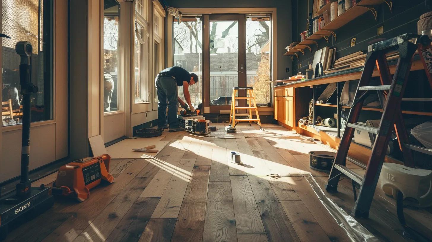 a modern denver interior showcases a skilled technician expertly installing sleek hardwood flooring, surrounded by an array of professional tools and warm, inviting lighting that emphasizes the craftsmanship and precision of the service.