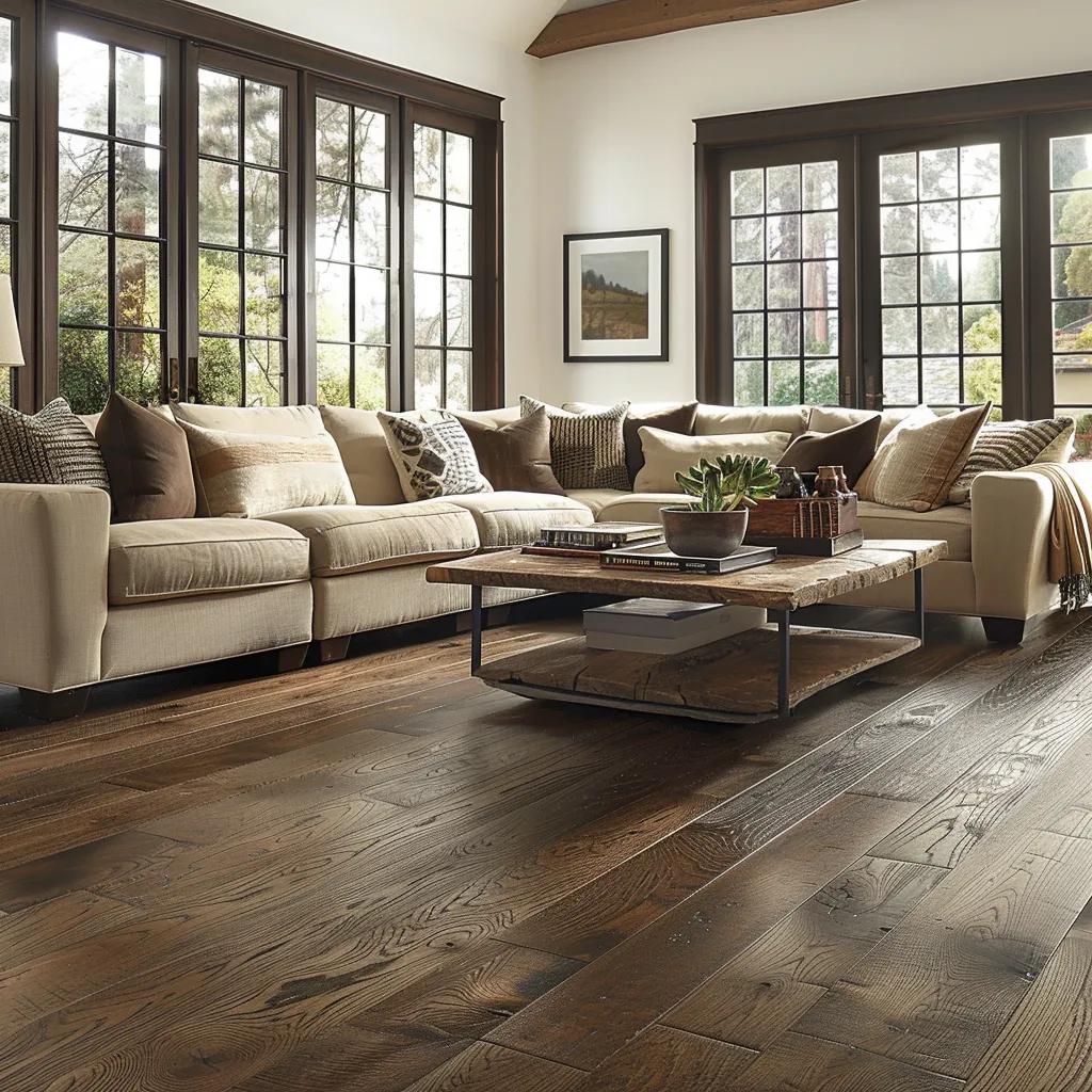 Engineered hardwood flooring in a cozy living room setting, emphasizing warmth and elegance