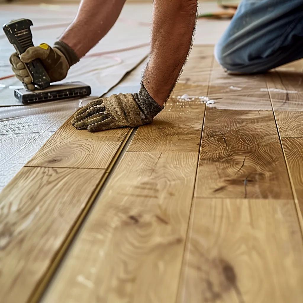 Professional installer laying engineered hardwood flooring with specialized tools