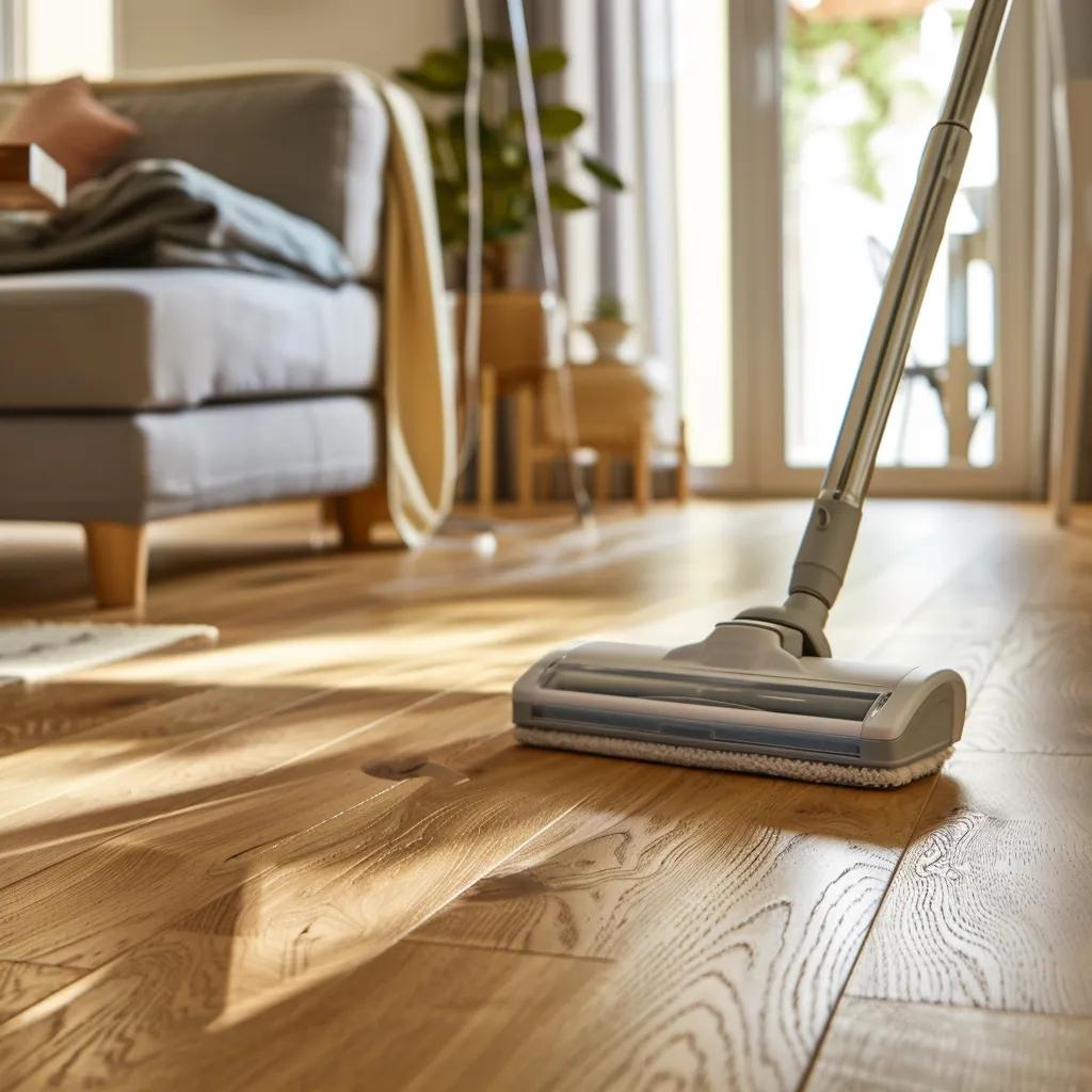 Homeowner maintaining engineered hardwood floors with gentle cleaning techniques