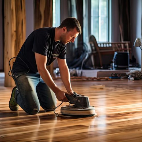 Worker applying finish during hardwood floor resurfacing process